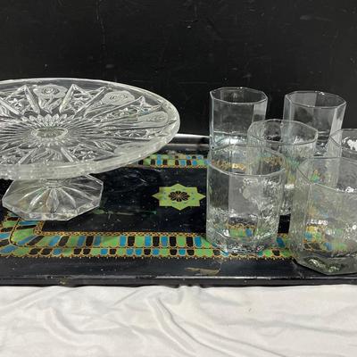 Vintage - Leonard Lead Crystal Cake Stand, Libbey Bar Glasses, Metal Tray