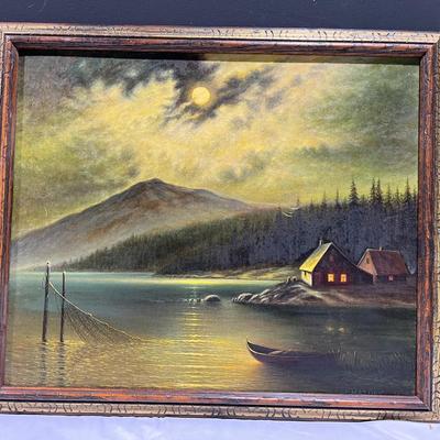 Vintage Cabin By The Lake At Dusk Moody Landscape Painting