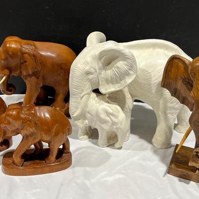 Hand Carved Wooden Elephant Sculptures + Ceramic Mother/Baby
