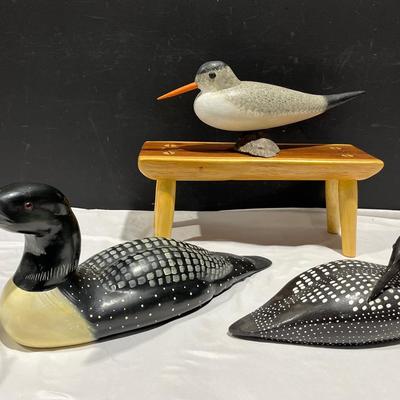 Loons Hand Carved And Signed, Sandpiper And Handmade Stool Live Edge Prayer Table 