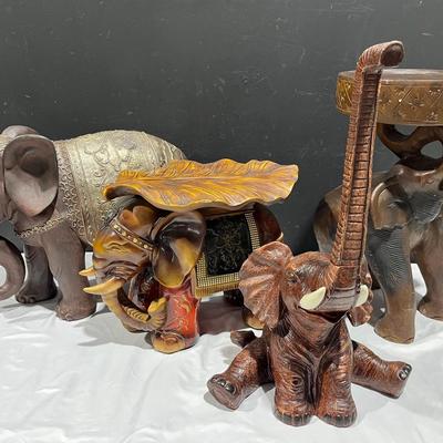 African Folkart Elephant Collection Carved Stool Resin Plaster