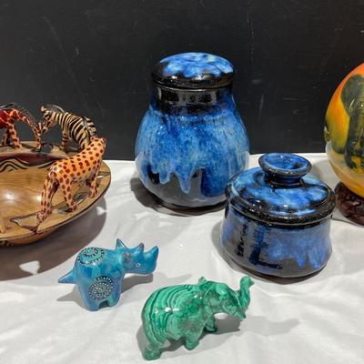 Soapstone Rhino, Malachite Elephant, African Safari Animals Hand Carved Bowl, Pottery, Ostrich Egg