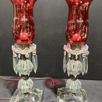 Vintage Cranberry Etched To Clear Mantle Lustres Hurricane Lamps