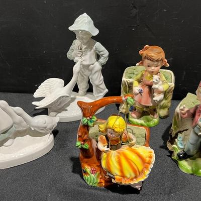 Vintage Holland Mold - Boy With Goose, Girl With Hens And Ceramic Figurine Planters