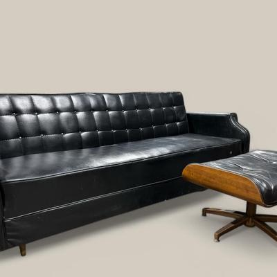 Vintage MCM Black Tufted Sofa W/ Lounge Ottoman