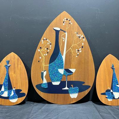 1960’s Atomic Age Bar Scene Pebble Wall Art Trio