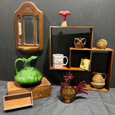 Hand Blown Art Glass Rooster, Steer Copper Bell, Knickknack Wall Shelf Mirror + More