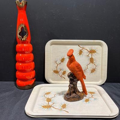 Mid-Century Swedish “Hooped” Glass Vase, 1950’s Pinecone Metal Tin Trays, Vintage Cardinal Figurine