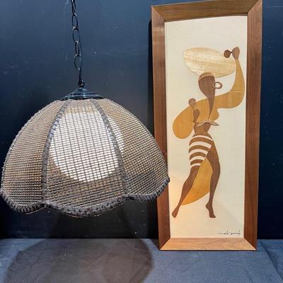 Mid-Century Scandi Caned Swag Wicker Hanging Lamp, MCM Calypso Dancer Wood Wall Plaque