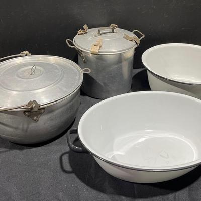 Vintage Enamelware Including Vollrath, Vitality Aluminum Waterless Cooker, Wear Ever Stockpot
