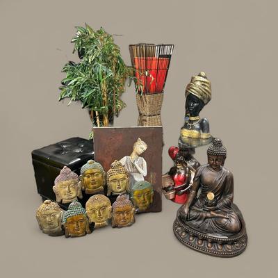 Medicine Buddha Water Fountain, Rattan Floor Lamp, Wall Art, Ottoman, & More