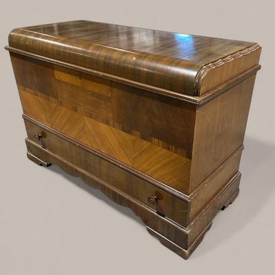 Vintage Deco Waterfall Cedar Chest W/ Single Drawer 
