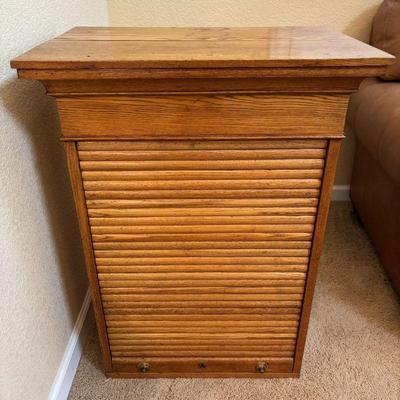 Lot #1 - Antique Oak Organizer Cabinet with Roll-Up Tambour Door