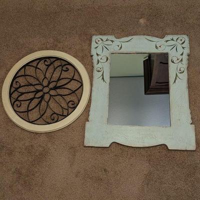 Lot #157 - Vintage Celadon Mirror and Decorative Wrought Iron Wall Art