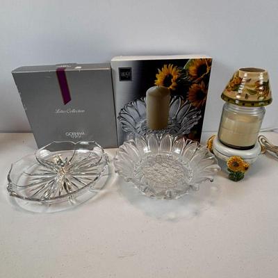 Lot #77 - Gorham Lotus Relish Dish, Mikasa Sunflower Frost Candleholder, & Sunflower Candle Warmer and Topper