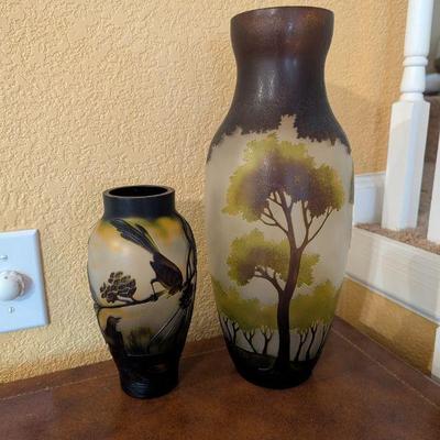 Lot #112 - Vintage Peking Glass Cameo Vase with Birds & Art Nouveau Style Landscape Cameo Vase