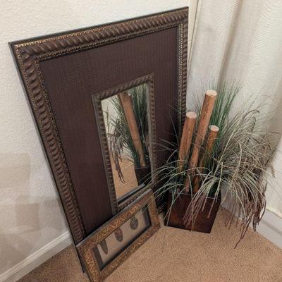 Lot #144 - Decorative Mirror, Faux Plant and Framed Wall Art Lot