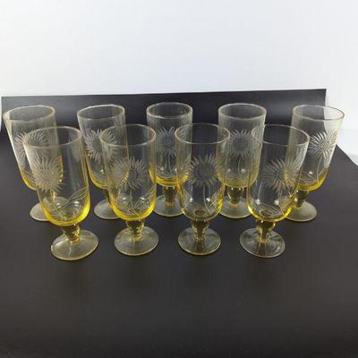 Lot #82 - Rare Set of 9 Vintage Sunflower Etched Yellow Glass Goblets