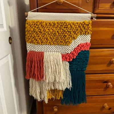 Lot #186 - 18" x 30" Hand Woven Cotton/Wool/Polyester Wall Art with 19" Long Mango Wooden Dowell - Threshold