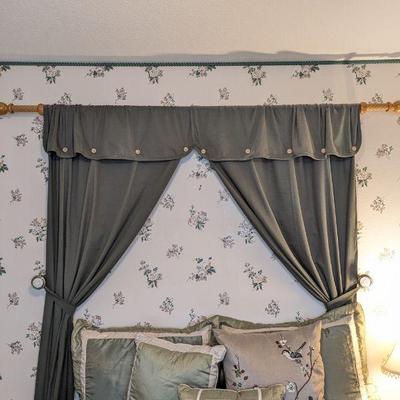 Lot #148 - Curtain Panels, Rod, and Tie Back Finials