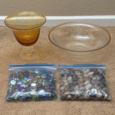 Lot #126 - Golden Amber Footed Compote Vase and Clear Decorative Bowl, With Decorative Stones