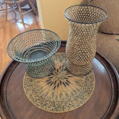 Lot #92 - Two Beaded Candle Holders With Beaded Table Mat