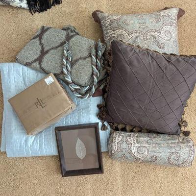 Lot #218 - Queen Size Coverlet, New Ralph Lauren Sheet Set, Curtain Panels, Decorative Pillows & Artwork