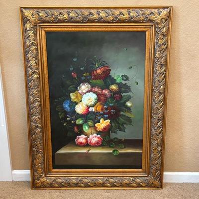 Lot #35 - Large Floral Still Life Canvas Painting With Ornate Frame