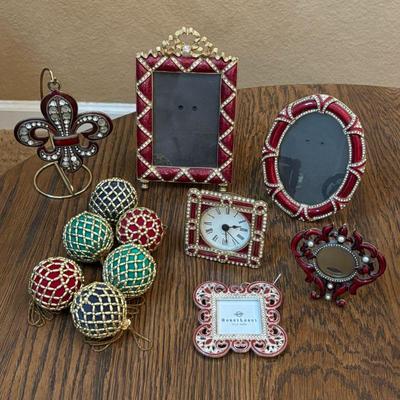 Lot #17 - Red Enameled Desk Clock, Decorative Photo Frames and Ornaments Lot