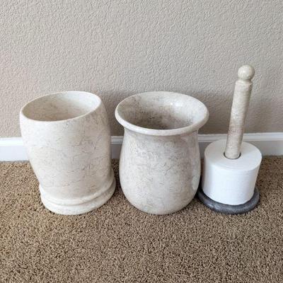Lot #222 - Creative Home Champagne Marble Trash Can, Vase, Toilet Paper Holder