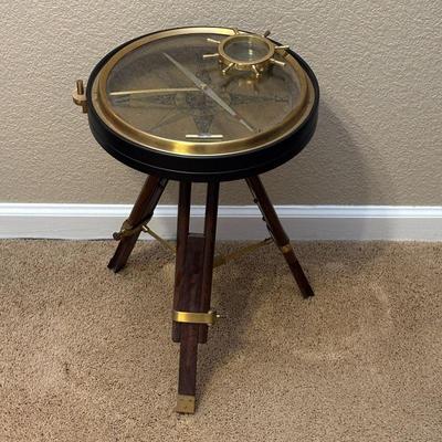 Lot #128 - Ballard Designs Compass Side Table With Ships Wheel Magnifier