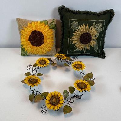 Lot #80 - Metal Sunflower Wreath & Sunflower Throw Pillows