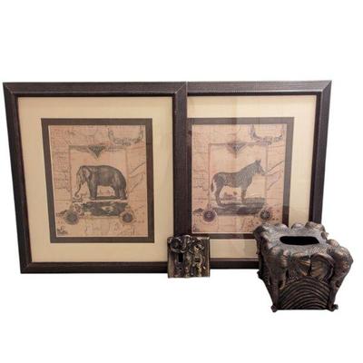 Lot #145 - Framed Animal Artwork Lot with Elephant and Zebra Prints and Decorative Elephant Tissue Box Cover & Switch Cover