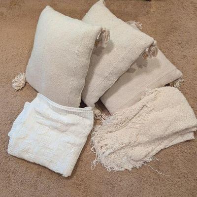 Lot #125 - Textured Cream Throw Pillows and Blankets Lot