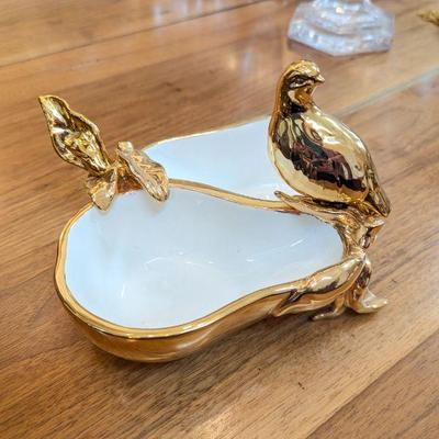 Lot #120 - Department 56 Gold-Plated Divided Ceramic Dish with Bird & Flower Design Condiment Knives