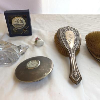 Sterling Silver Antique Hairbrushes, Porcelain Pillbox, Chrome Clock, Glass Paperweight, Asian Vase