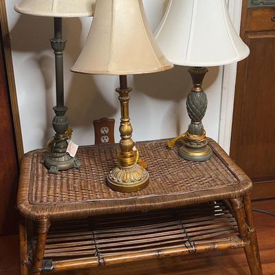 Wicker Side Table And Lamps (x3)