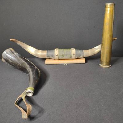 Black Powder Horn, Mounted Bull Horns, & Brass Artillery Shell