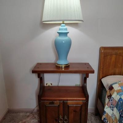 Wooden Nightstand And Blue Lamp w Shade. 