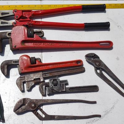 Pipe Wrenches, Bolt Cutter And Water pump Pliers Lot 
