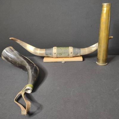 Powder horn bull horns, artillery shell