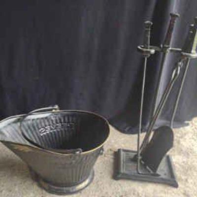 Ash bucket with fireplace tools