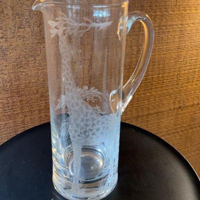 Art Glass Giraffe Etching Pitcher-Signed by Artist c 2004