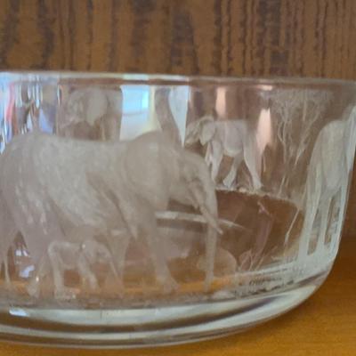 Elephant Etched Art Glass Bowl 