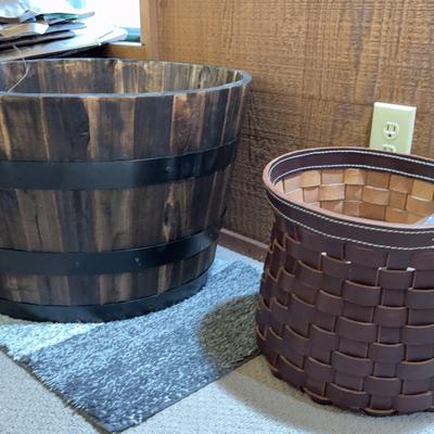 Wood 1/2 Barrel & Leather Woven Basket 