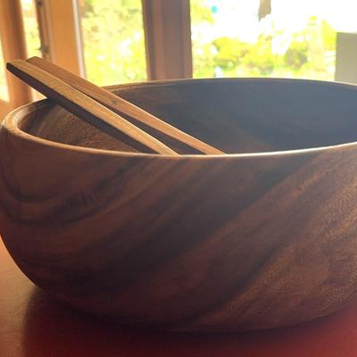 Pacific Merchants Acaciaware Wood Salad Serving Bowl w/ Utensils 