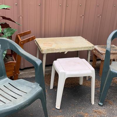 Outside Chairs, Tables, Plants In Wood Planter 