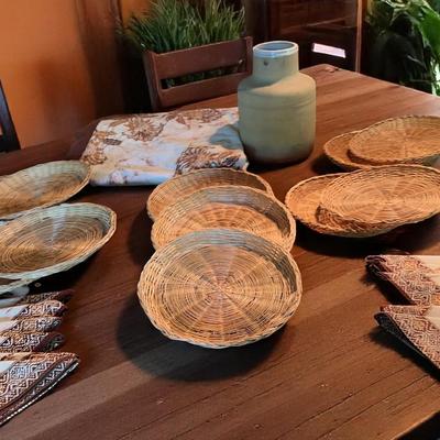 110” X 56” Indonesia Tablecloth, Napkins, Bamboo Plate Holders, Jug 