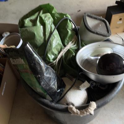 Lamps And Mystery Garage Items In Green Tub
