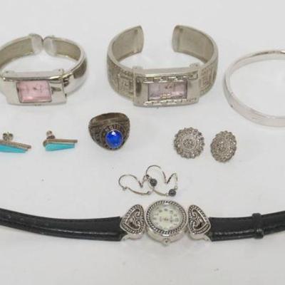 1233	GENEVA CUFF WATCH, PRINCESS CUFF WATCH, NOVELA WATCH, STERLING SILVER HIGH SCHOOL RING, EARRINGS AND BRACELET
